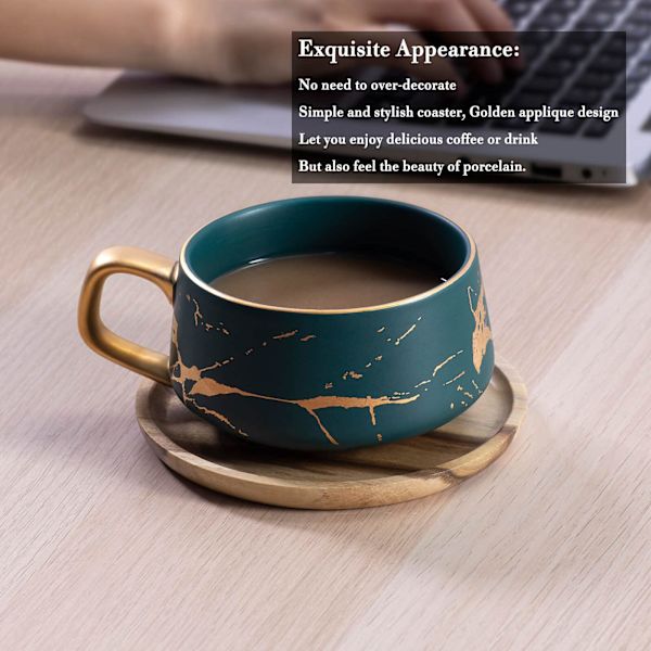Cappuccino kopper med underkopper, porcelæn espressokopper til te kaffe cappuccino, kaffekopper med træskive - grøn, 300 ml Green