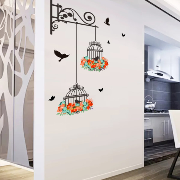 Vægklistermærker Fuglebur Fugle Blomsterkunst Design Decal DIY Selvklæbende Dekoration Aftageligt tapet 3D Vinyl Sticker til Hjem Stue Soveværelse