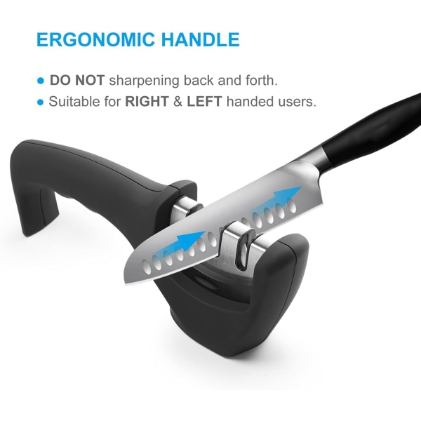 Kjøkkenknivsliper - Profesjonelle 3-trinns manuelle slipere - Ergonomisk håndtak og sklisikker base - Sikkert slipeverktøy , svart