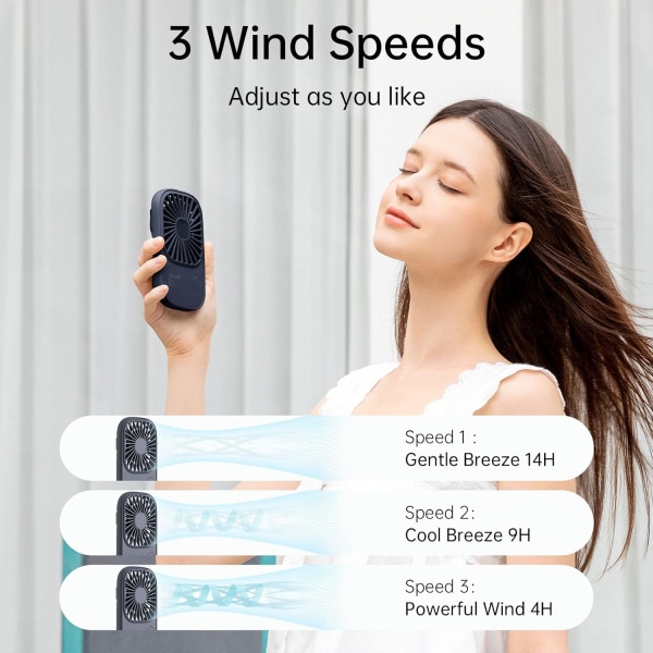 Håndholdt Mini-ventilator, Ultra Slim Bærbar Håndventilator, Lille Personlig Ventilator med Beslag, USB Genopladelig Lommeventilator med 3 Hastigheder, Batteridrevet - Blå Blue