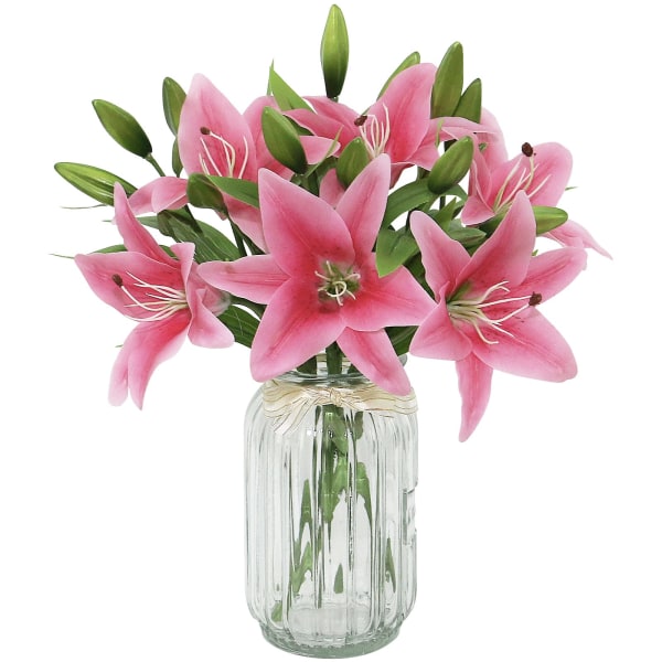 Paket med 6 vita konstgjorda liljablommor, konstgjorda plastblommor, konstgjorda liljor Real Touch dekoration för bröllopsfest, rosa dark pink