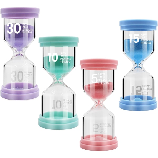 Sæt med 4 timeglas, farvet timeglas-sæt i transparent glas, sandur 5 min/10 min/15 min/30 min - timeglas-timer