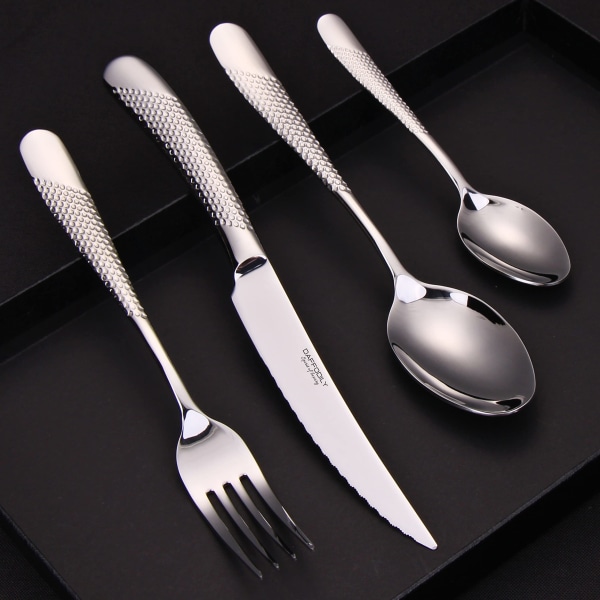 Luksus bestikksett 16 deler laget av 18/10 rustfritt stål for 4 personer med 2-i-1 biffkniver - Tåler oppvaskmaskin, speilfinish(Sølv - 16 stk.) silver