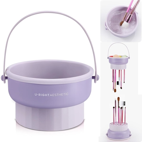 Makeup Brush Cleaner Mat 3 in 1 Silicone Makeup Brush Cleaner Bowl Cosmetic Brushes Cleaning Tool Organizer for Storage & Air Dry (Purple)