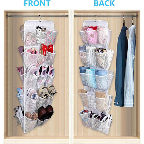 30 store lommer sko hængende opbevaring arrangør til garderobe skinne rack dobbeltsidet med roterende bøjle mesh sko arrangør, hvid White