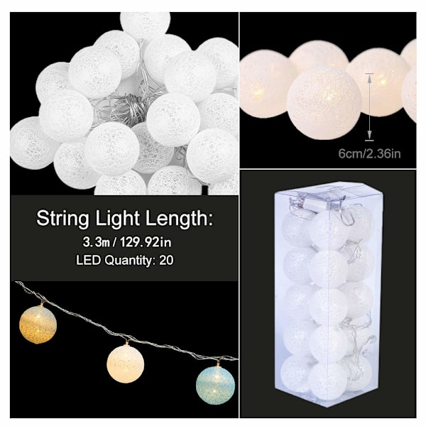 Bomullsboll Fe-ljus Batteridriven - 3,3M 20 LED Boll Fe-ljus Inomhus Väggljus Julbelysning Dekoration för Bröllop, Rum, Hem