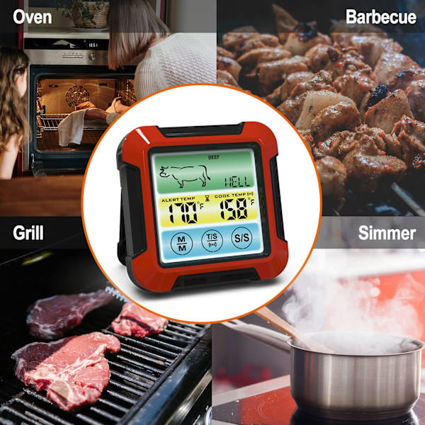 Digitalt kjøttsensor med smaksstilling, timer, alarm og magnetisk bakside, 1 ledningsprobe som kan stå igjen i ovnen, grillsikker, BBQ-røyker, kjøkkenmattermometer