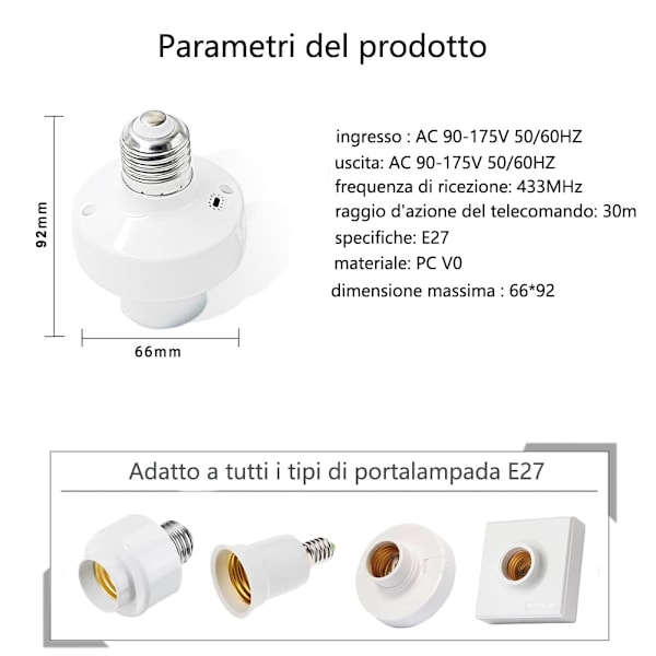 E27 Sockel Trådlös Fjärrkontroll Ljusströmbrytare Kit, Trådlös PÅ/AV Timer Strömbrytare, LED Lamphållare, Fläkt, Glödlampa (Endast RF)