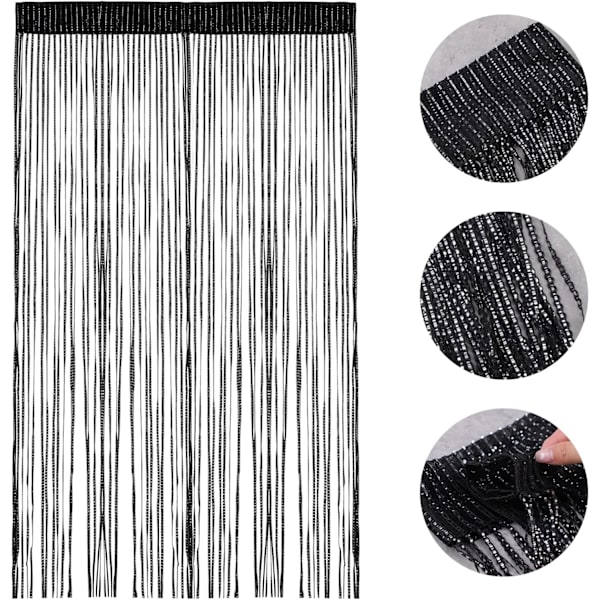 Strenggardin Panel, Flue Screen Frynserum Blinds, Dekorative Kvast Båndstrimmel Sølvskærm til Stue, Soveværelse, Festbegivenheder (Sort) Black
