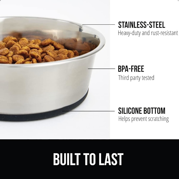 Rustfrit stål hundeskål sæt med 2, gummibase, Heavy Duty foder skåle, fødevarekvalitet BPA-fri, stille kæledyrsskåle til katte og hunde sort