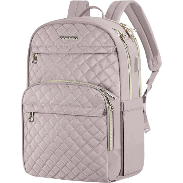 Laptop Ryggsekk 15,6 Tommer Stilig Dagstursekk med USB-ladeport, Vannbestandig Nylon Skolesekk Ryggsekk for Reise/Forretninger/Kvinner-Rosa Pink