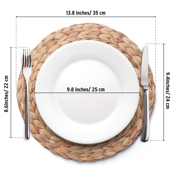 Sæt med 6 flettede runde bordskånere, bordskånere i vandhyacint til spisebord (35 cm) 35cm