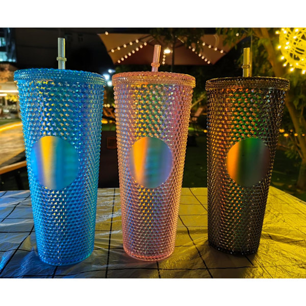 Dubbelväggiga plastglas med nitar, lock och sugrör, BPA-fria, 24 oz, rosa