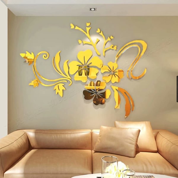 3D-seinätarra kukkia peili seinätarra kukkia tarra modernia taidetta seinäkoriste tarra olohuoneeseen eteiseen makuuhuone kodin sohvaseinä gold