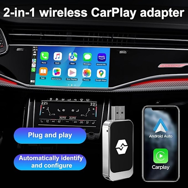 2-i-1 Trådlös CarPlay-adapter för CarPlay/Android Auto, Trådlös CarPlay-adapter för Android 11 och högre versioner av iPhone iOS 10, för fordon