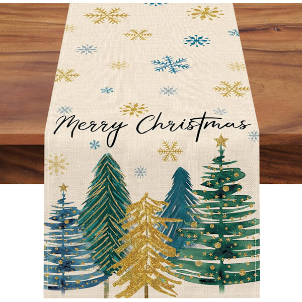 Glad Jul Tallrikslöpare med Tallar, Julblå Guld Snöflingor Kök Matbord Dekoration, Vintersemester Dekoration 13 x 90 Tum