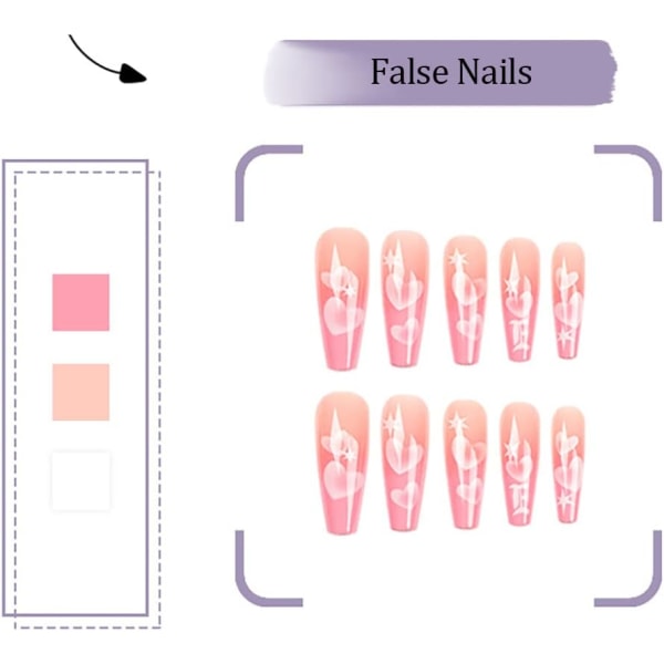 Gradienttryk på negle, 24 STK Blanke lange lyserøde falske negle Hjerte falske negle Full Cover Design Negle til kvinder