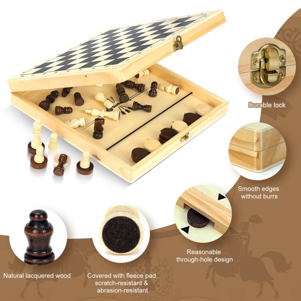 30x30x2,5 cm Trä Schack och Damspel Set, Fällbar & Bärbar Schackbrädeset för Resor, Pedagogiskt Schackbrädespel Set för Barn och Vuxna