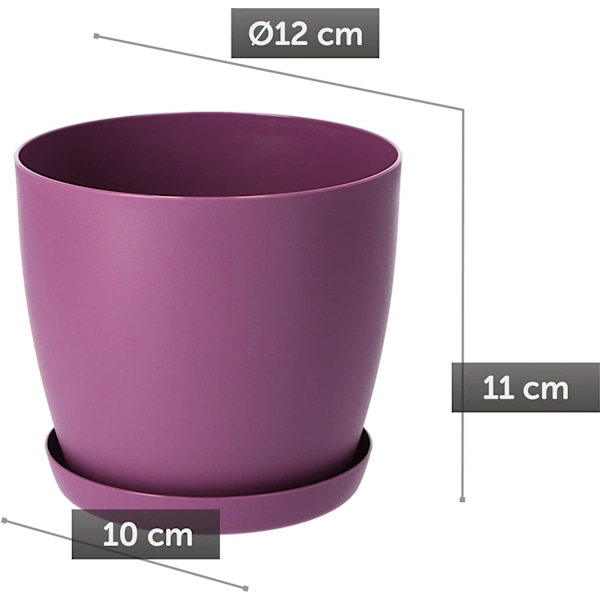 Blomsterpotter 6 farger 8 størrelser Matt Plast Plantepotter Planter + Skålbrett Deco Lilla Matt, 12 cm)