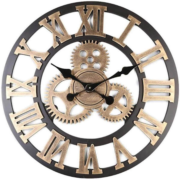 3D Suuri Klassinen Vintage Puinen Hiljainen Seinäkello, Retro Vaihde Riippuva Kello Roomalaiset Numerot Kellot, Kulta, 40 * 40cm Gold