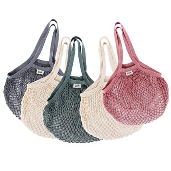 Genanvendelig indkøbsnet Genanvendelig indkøbspose Mesh Bomuldsindkøb Grey+Green+Pink+White*2