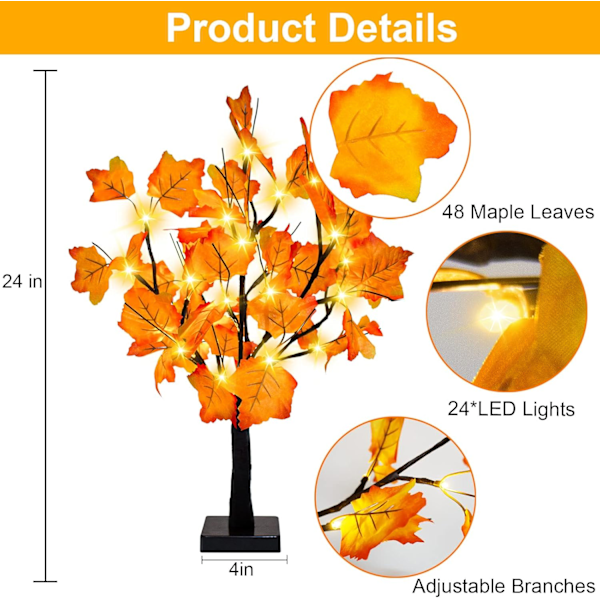 1 pakkaus 24 tuuman syksyinen valaistu vaahterapuu, 48 LED-valoa, kiitospäivän koristepöytäpuu, paristokäyttöinen DIY-tekopuu