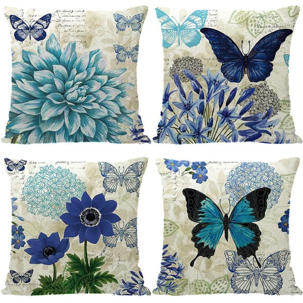Cover i linne med print , cover i amerikansk blått med blommor och fjärilssoffa ，45×45cm
