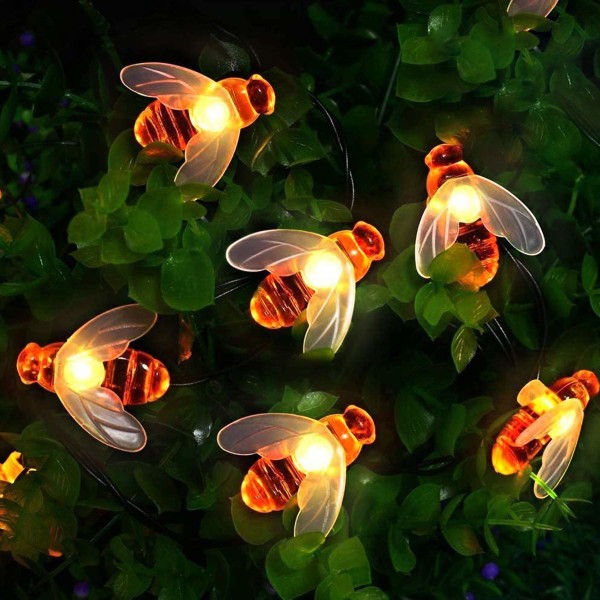 Solar hagelys, Honey Bee Fairy String Lights, 7M/24Ft 8 modus vanntett hagebelysning til jul (varm hvit) [Energiklasse A++]