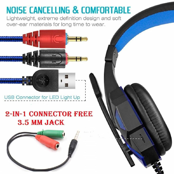 Gaming Headset og Mus Combo - Headset med Støjreduktion og Dobbelt bas med Mikrofon, LED Lys, LED Gaming Mus, lydløs Mus (blå)
