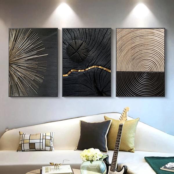 3 Panel Väggkonst Tryck Affischer Modern Nordisk Väggmålning Design Bild Svart Guld Årsring Linje Dekoration Målning för Hem Vardagsrumsdekor