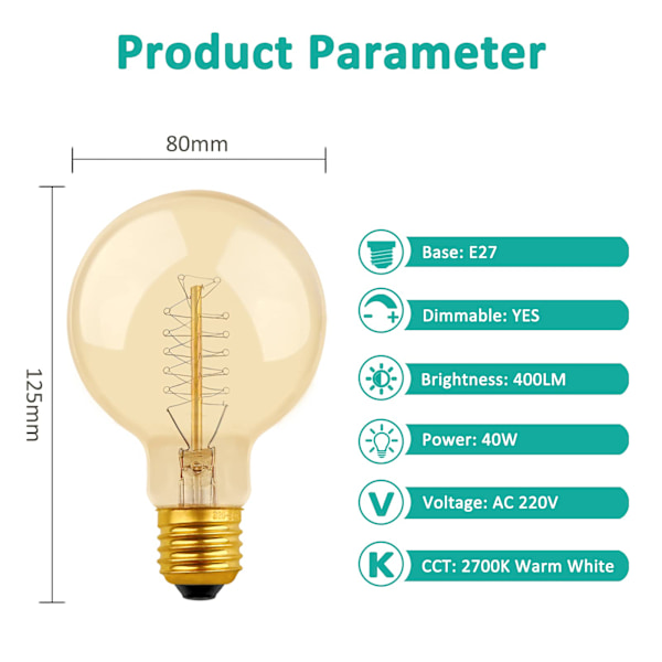G80 Dimbar 40W Varm Hvit 2700K, AC 220V, Retro Glødelamper Dekorasjon Pærer E27 Spiral Wolfram Filament Lampe(2 Pakk)