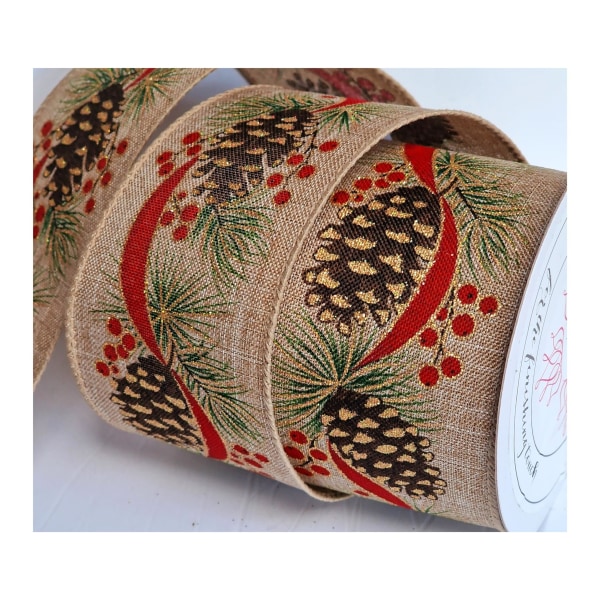 Ribbon Queen Vintage Christmas Pinecones 6,3 cm Wired Edged Hessian Jute Ribbon 25yard
