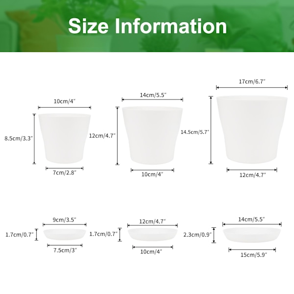 17 cm Plastblomkrukor för Inomhus/Utomhusbruk med Fat, Lämpliga för Plantor, Kaktusar, Suckulenter, Orkidéer och Örter (Vit)