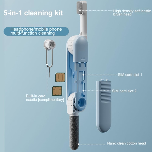 Rensesett for luftputer, rengjøringspenn for Bluetooth-ørepropper, 5 i 1 kompakt multifunksjonelt hodetelefonveske Rengjøringsverktøy med myk børste (blå, grå)