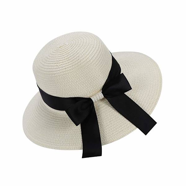 Dame Sommer Halmhatt Solhatt UV-beskyttelse Strandlue Foldbar Visor Floppy Hat Bred Brede med Stropp Sløyfe white