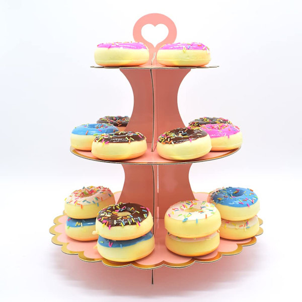3-kerroksinen pahvinen cupcake-teline, kertakäyttöinen cupcake-näyttötorni juhlapyhiin, häihin, syntymäpäiväjuhliin, ruusukulta Pink