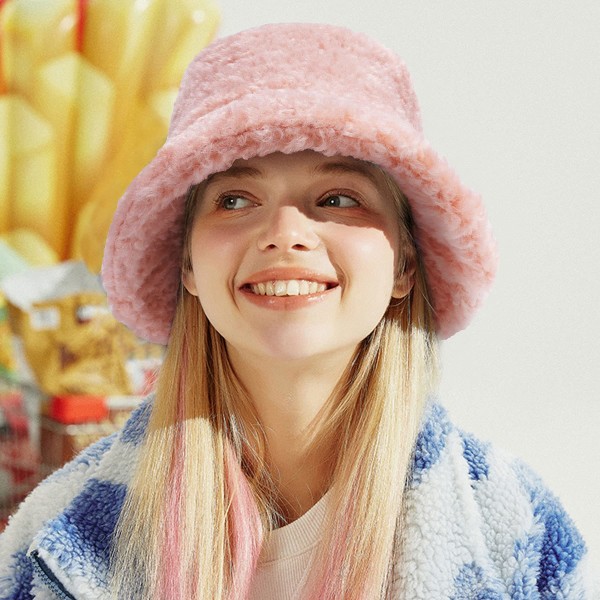 Vinter Bucket Hat - Kvinder Plysset Fisker Hat Varm Pil Lamb Wool Bucket Hat Fuzzy Pels Faux Pels Blød Fortykke Bred Skygge Plys Hat til Kvinder Piger Pink