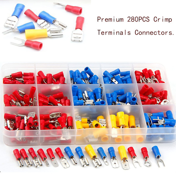 Elektriska crimp-terminaler, 280 st isolerade elektriska terminaler, elektriska crimp-kontakter, platta/hon/gaffelterminaler