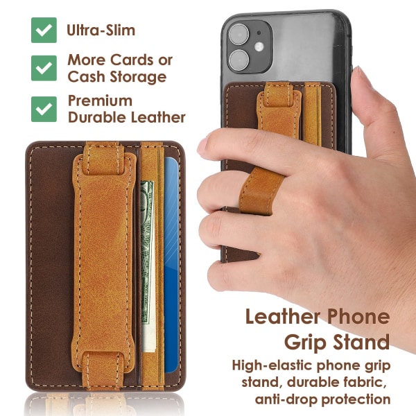 Mobiltelefonkorthållare påse Självhäftande telefonstativ med elastisk bandsticka på plånbok Korthållare för baksidan av phone case Läder (brunt)
