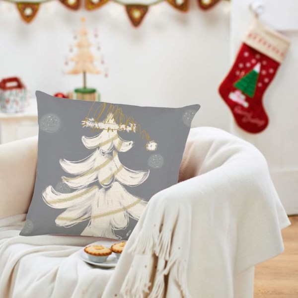 Juleelgputetrekk 45x45 cm sett med 2 hvite og grå julegrantrær Akvarell Hjort Gull Juldekorativ