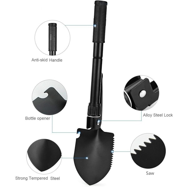 Hopfällbar spade - Mini överlevnadsspade multifunktionell spade bärbar befästningsverktyg för terräng, strand, grävning av smuts, sand, lera och snö - Svart