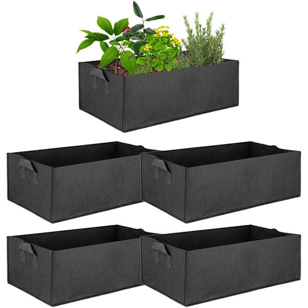 5-pack Fabric Upphöjd Odlingssäng Kvadratisk Trädgård Blomkruka Rektangulär Odlingspåse Heavy Duty Icke-vävd Tygplanteringskrukor Luftning Tygpåsar (M)