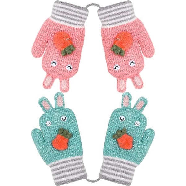 2 par söta stickade handskar för barn med snöre
