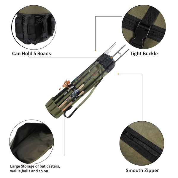 Kalastusvavan laukku, kannettava ulkokalastusvälineiden kantolaukku, vedenpitävä kalastustyökalujen säilytyslaukku, jossa on 5 vavanpidikettä (vihreä) ArmyGreen