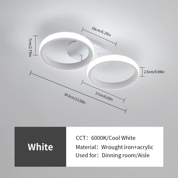 LED-taklampa, 2 ringar 22W 1650LM taklampa, modern rund LED-taklampa för kök hall sovrum badrum, kall vit, 6000-6500K