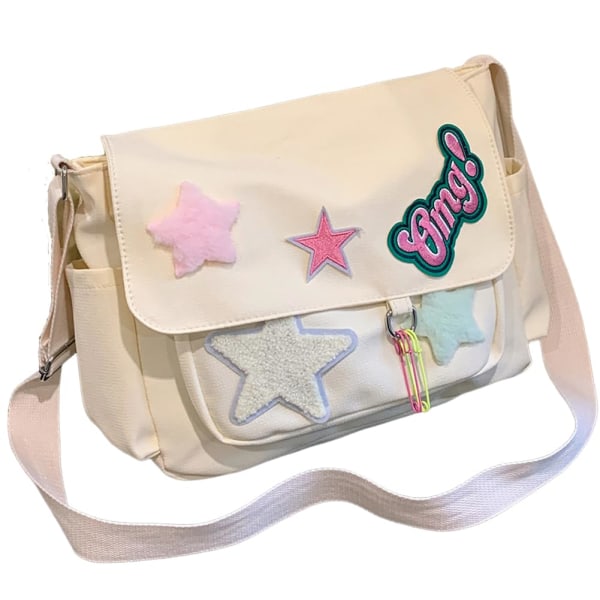 Sød messenger-taske, æstetisk lærreds-crossbody-taske, Star Shoulder-pung til kvinder pigeskole White
