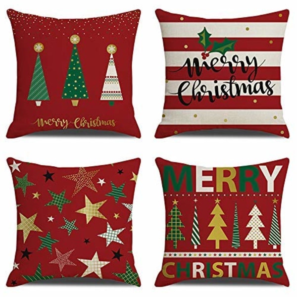 Juleputetrekk - 4 pakke bomullslin rød dekorativ jul - putetrekk Pute for sofa stue seng 18 x 18 (juletre-rød)
