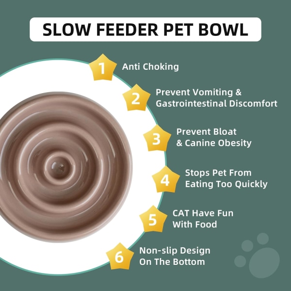 Keramisk Slow Cat Feeder Bowl , Upphöjd Slow Cat Food Bowl, Upphöjd kattskål med träställ, cirkelform (1 x skål med ställ - Brun, 15,5 cm) Brown