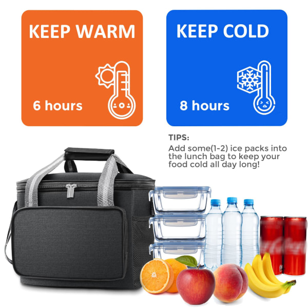 15L kjølebag piknikbag matpakke - små sammenleggbare kjølebager for på farten, lunsj, kontor, robust praktisk termopose isolerende bag, svart black
