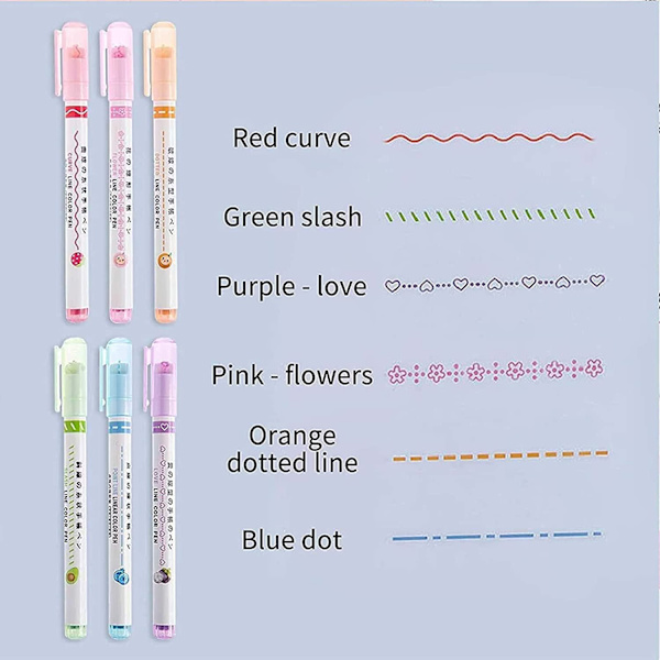 Curve Highlighter Pen Set, 6 farvede dobbeltspidsede kurvepenne, der laver designs, notesbøger, planlægningskuglepenne, kurveformer